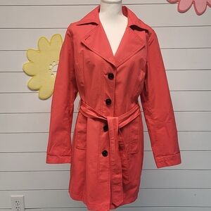Lands' End Coral Red Trench Coat Size S with Tie Belt